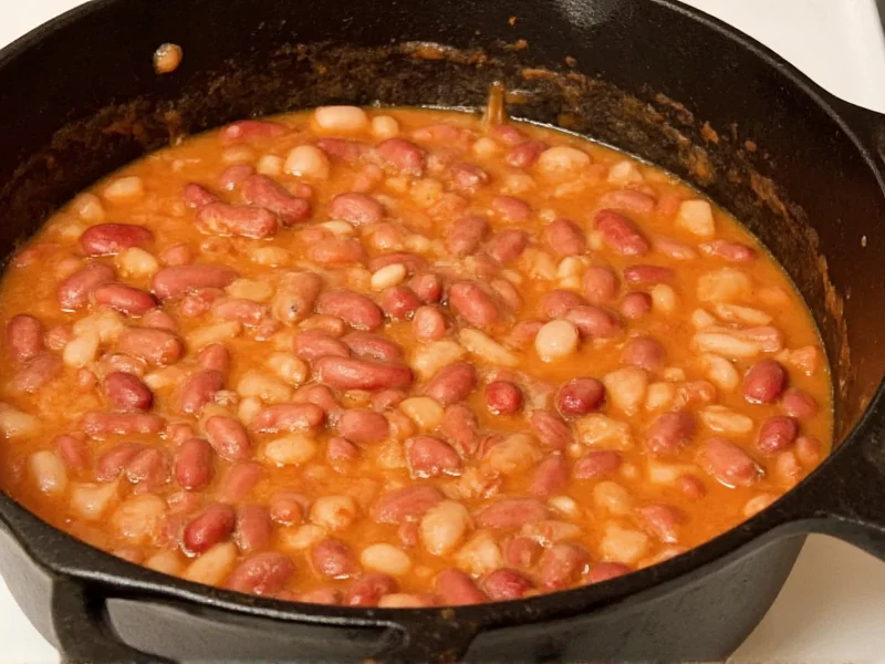 Creamy red beans simmering in cast iron pot