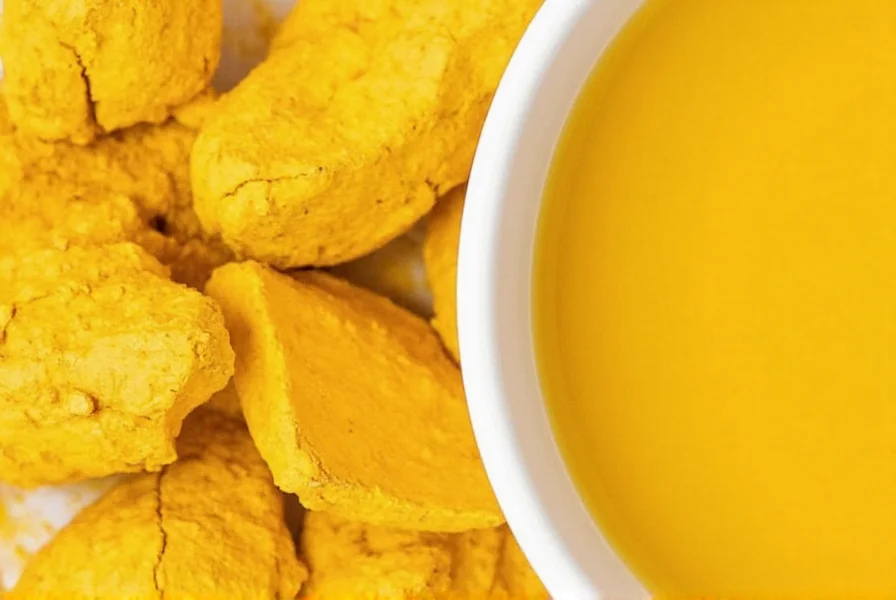 Fresh turmeric root and prepared turmeric tea in a ceramic mug