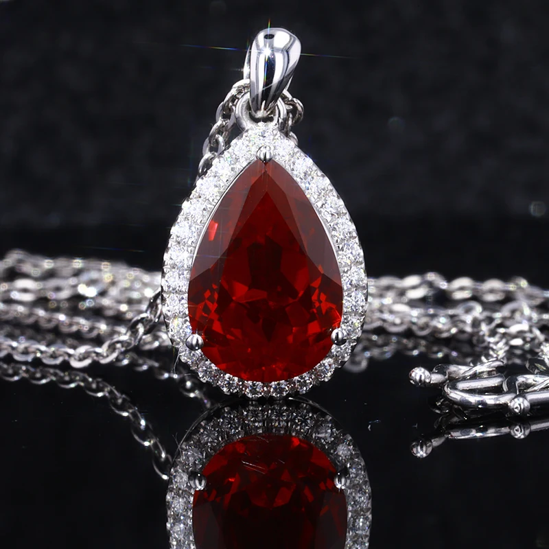 

925 Silver moissanite Micro Pave Diamond Halo Necklace Pear Cut Ruby Stone Charm Pendant Necklace