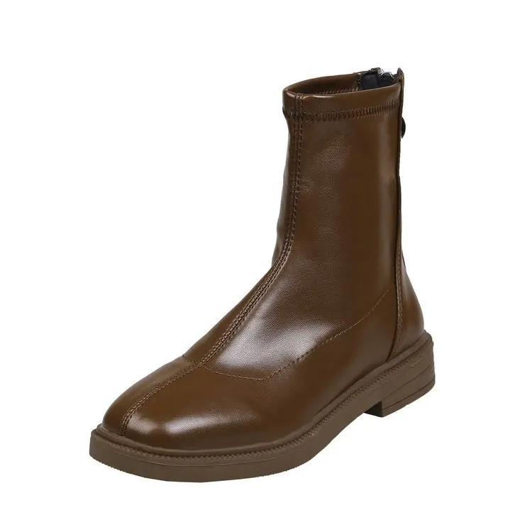 

Hot Sale Ladies Fashion Boots Solid Color Square Toe Stitching Back Zipper Women Sock Boots