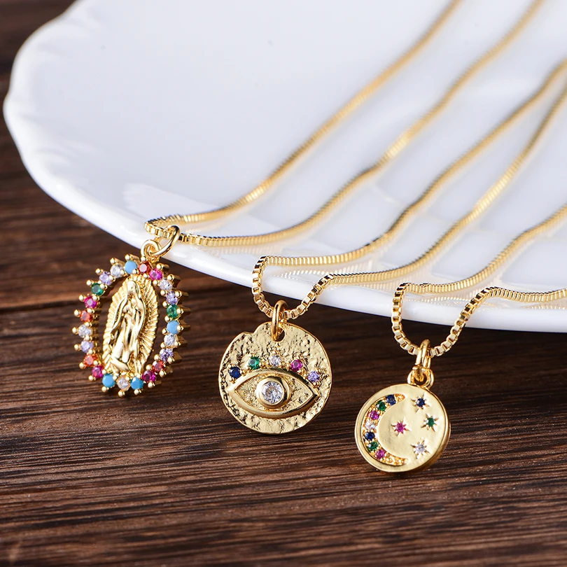 

CZ Pendant Moon Star Choker Gold Round Necklace Long Chain Copper Jewelry Gift Vintage Virgin Mary Turkish Eye Necklaces