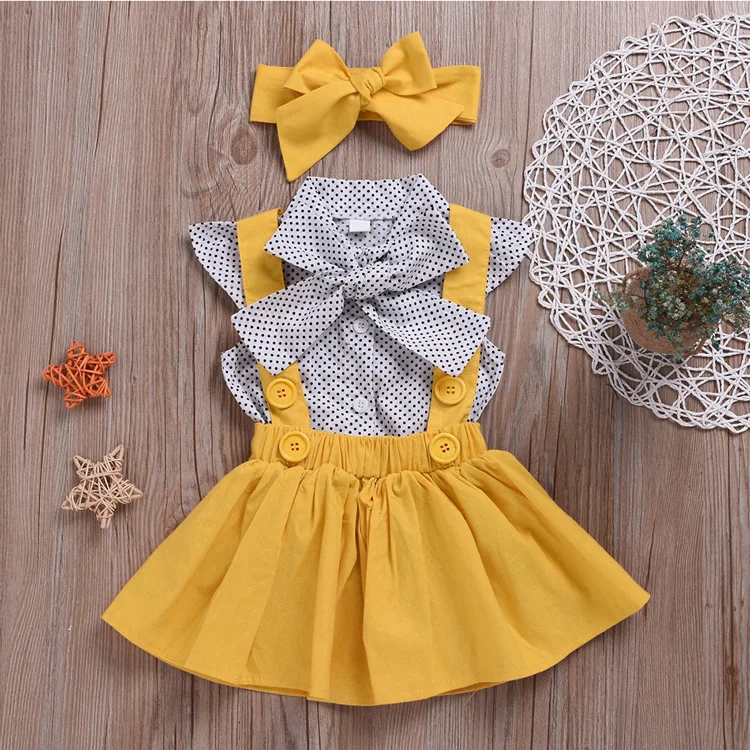

Polka Dot Design A Attachable Matching Bow At Neck Girls Summer Clothes Set Daily Wear Baby Girl Dress, Yellow, black, pink