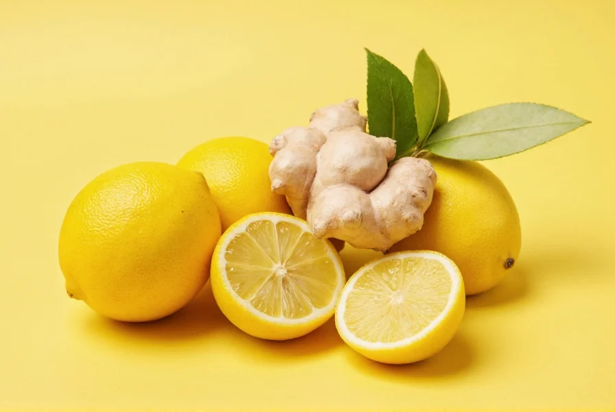 Lemon ginger tea in a ceramic mug with fresh ingredients nearby