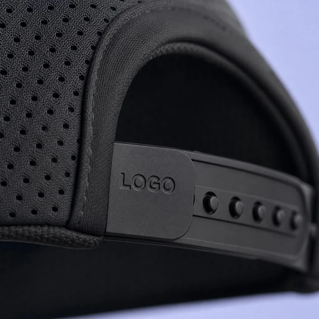 Macro Close-Up of Laser Perforation Grid, Seamless Bonded Edges, and Custom Rubber Snapback Closure