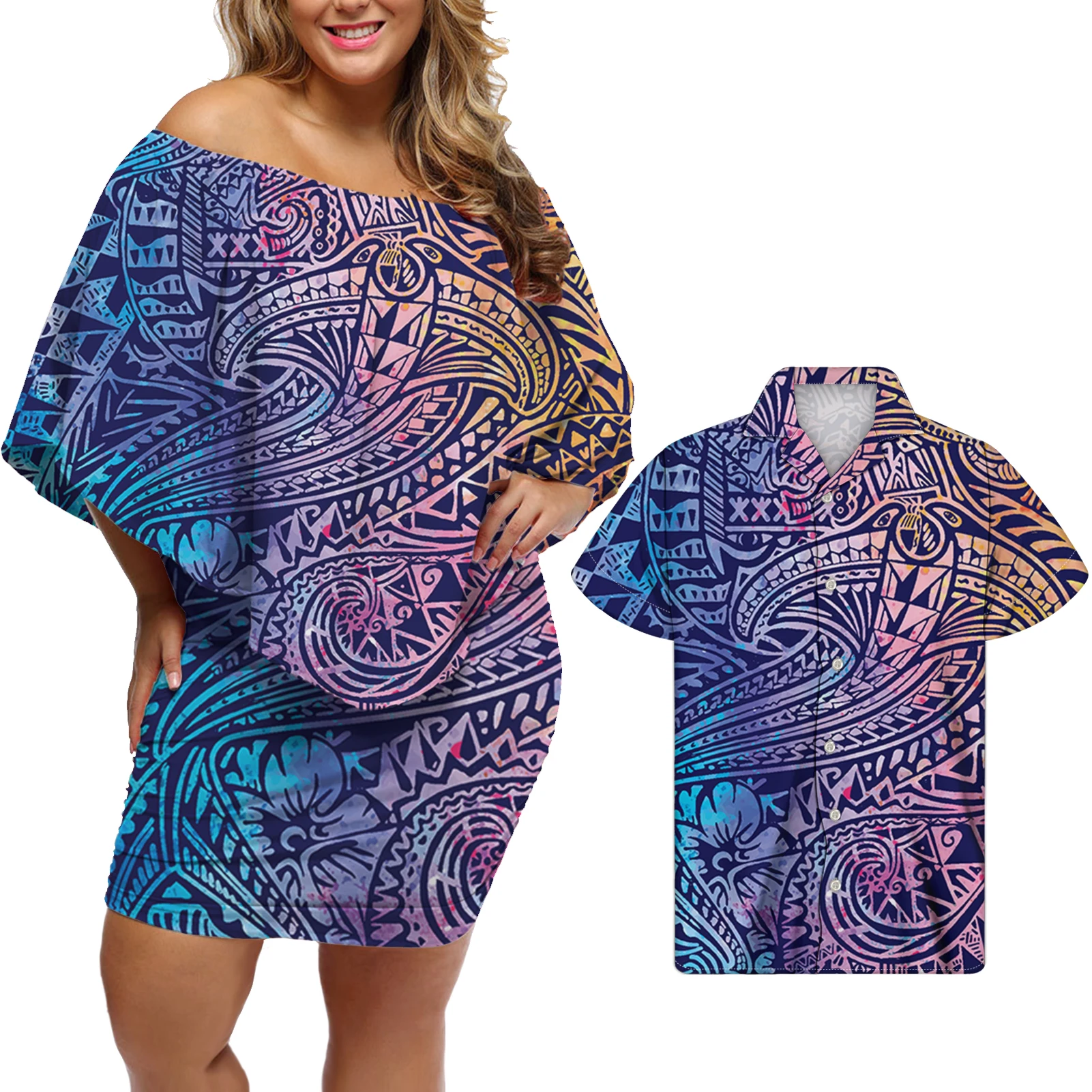 

Best Salling Gradient Polynesian Fabric Couple Set 2021 Summer Trending Hawaiian Dresses Custom One Shouder Bodycon Dress Sexy, Customized color