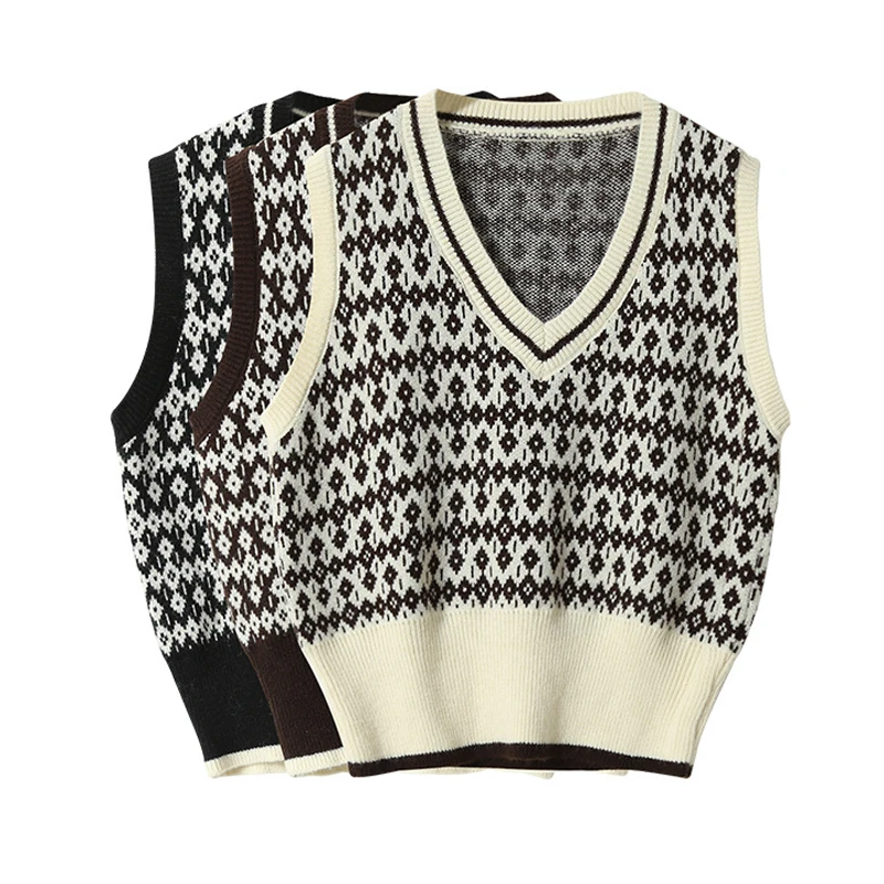 

V Neck Women's Spring Autumn Sleeveless Knitted Pullover Vests Young Sweet Argyle Preppy Style Sweater Vest For Women, Dark brown, black, ivory