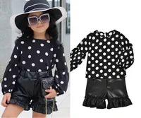 

2019 New Toddler Baby Girl Clothes Kid Set Polka-dot Tops Short Leather Black Shorts Pants Fashion Suit 2-6Y