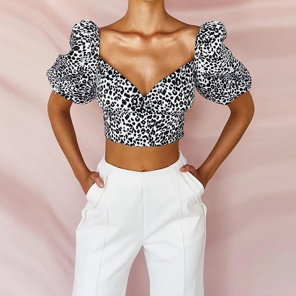 

Sexy Leopard Print V collar Princess sleeve Crop Top Blouse Woman Clothing Blouse, Picture