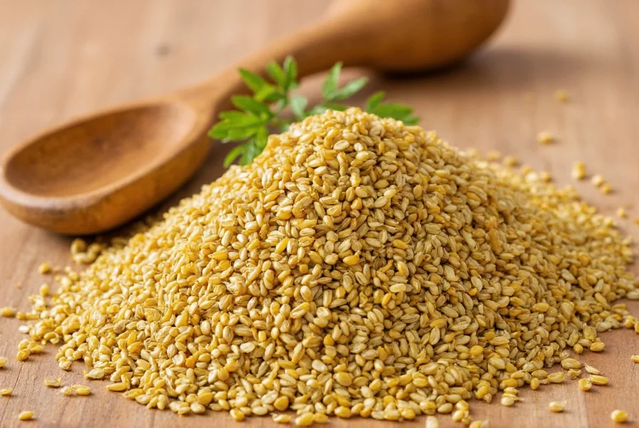 Assortment of methi products including fresh leaves, dried leaves, seeds, and powder arranged neatly