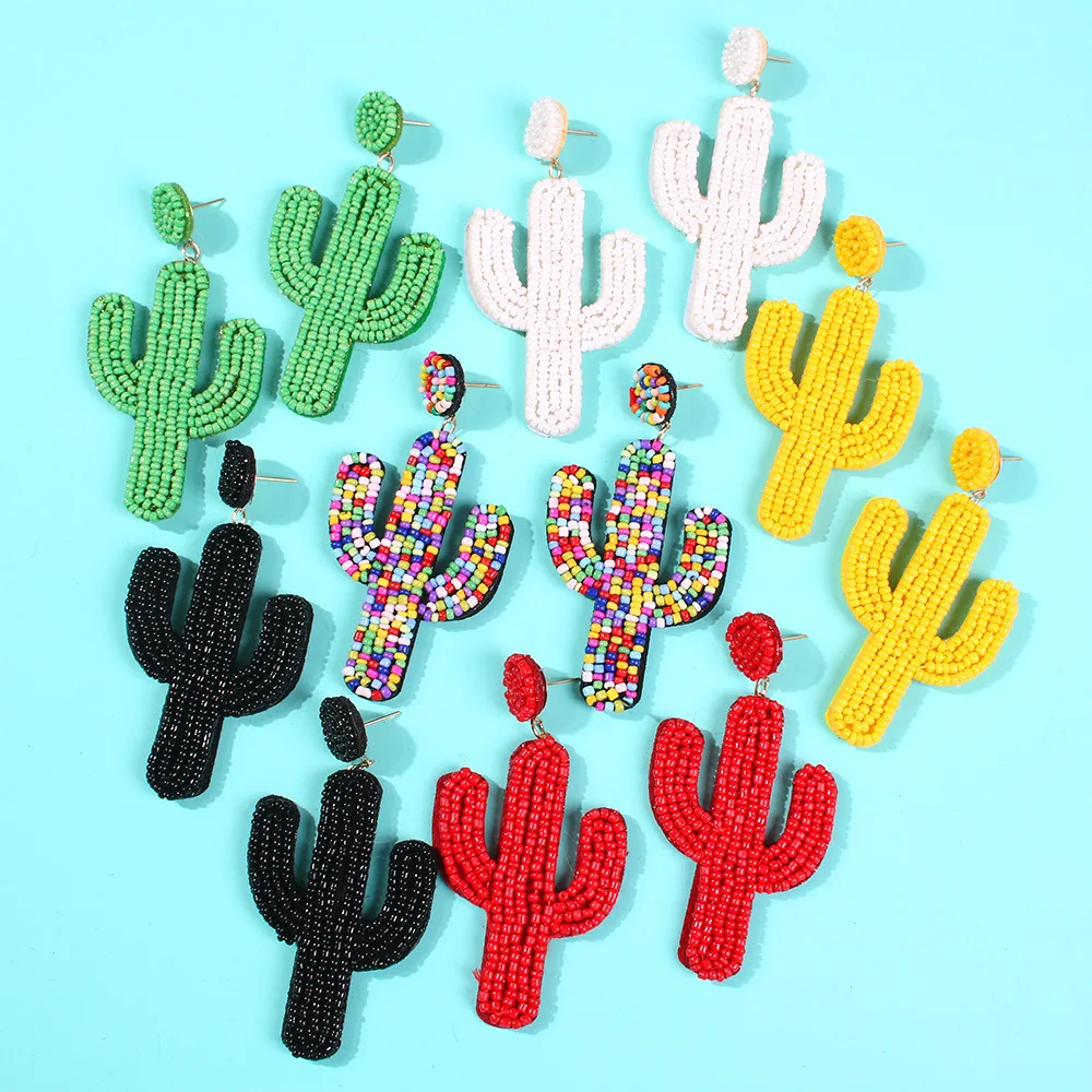 

European and American style new creative cactus handmade rice bead earrings Bohemian ethnic style jewelry earrings, Gold
