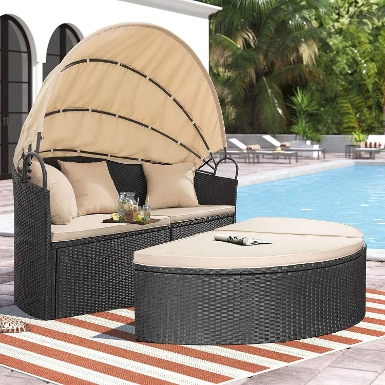 Outdoor With Canopy Set Wicker Tanning Rattan For Two Round Oversized ...