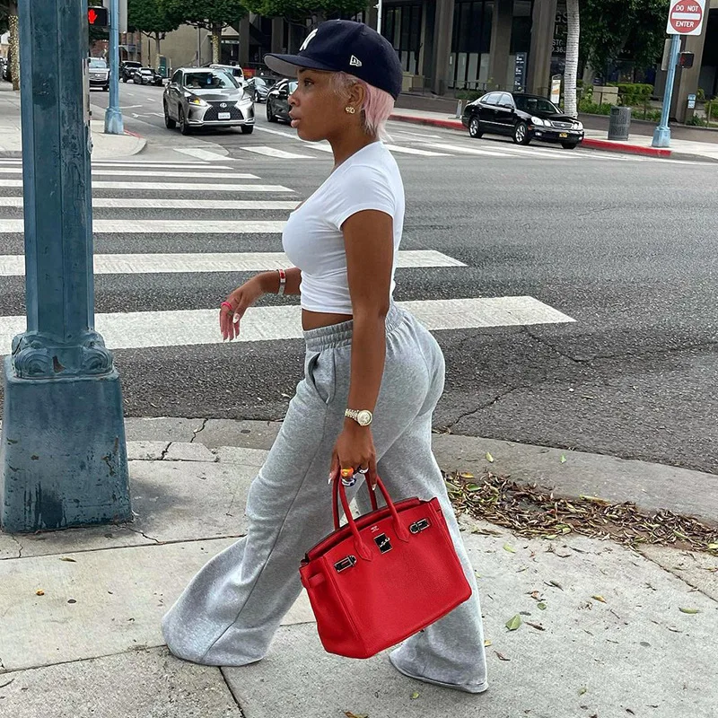 

Street Wear Casual Grey Color Women Elastic Pants High Waist Wide Leg Sweatpants