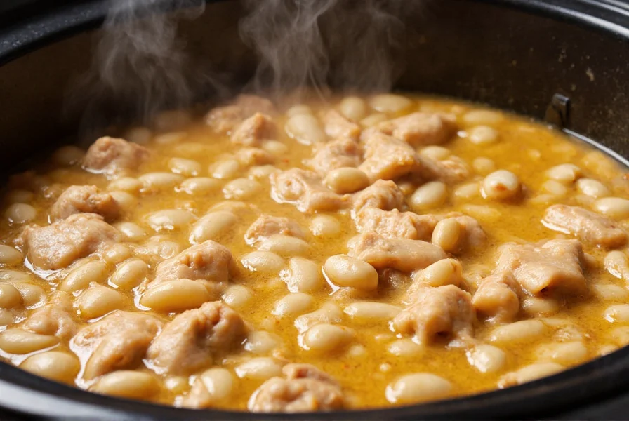 White bean chicken chili in crock pot with steam rising, showing tender chicken pieces and creamy white beans in rich broth with visible spices