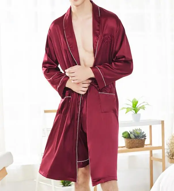 

Mens Solid Color Silk Satin Robe with Shorts Nightgown Long Sleeve House Kimono Luxurious Bathrobe Set, Customized color