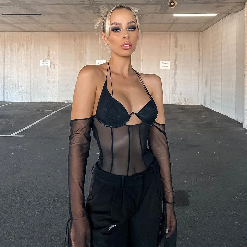 

Hot Selling Long Sleeve Sexy See Through Lace Halter Women Tops