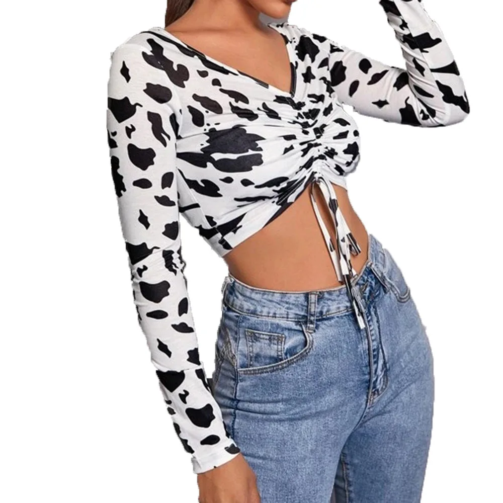 

Women's Print Drawstring Ruched Front Lantern Long Sleeve Crop Tops Blouse, 1 color