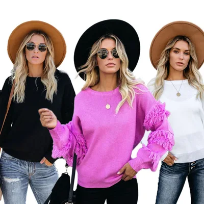 

F20503A Casual tassels sweater for women, Black, pink, white