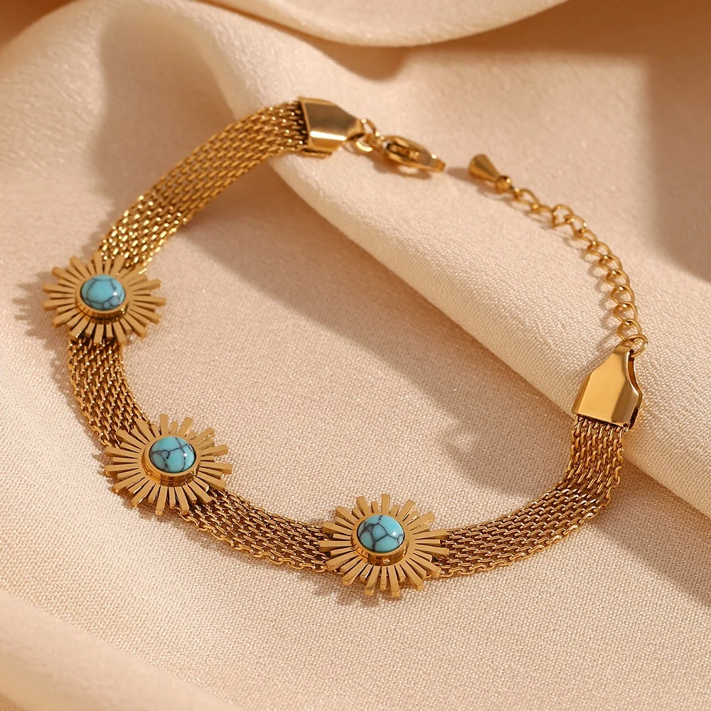 

Turquoise Bracelet Sunflower Chain Bracelet Gold Plated Woven Chain Jewelry Gemstone Bracelet