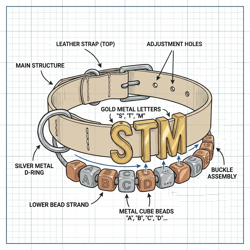 Dog collar technical structure diagram showing leather strap, buckle, D-ring, gold metal letters, and cube beads — detailed anatomy from dog collar manufacturer