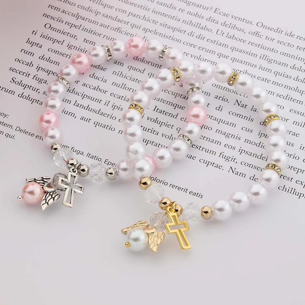 

Handmade Hot Selling Hollow Cross Angel Accessory Bracelet Stretch Line Bracelet Religious Baptism Jewelry, White/pink