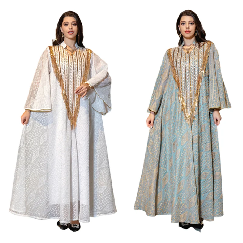 

AB320 Luxury Muslim Evening Dresses Arab Dubai Abaya Mesh Embroidered Sequin Tassel Muslim Women Dress