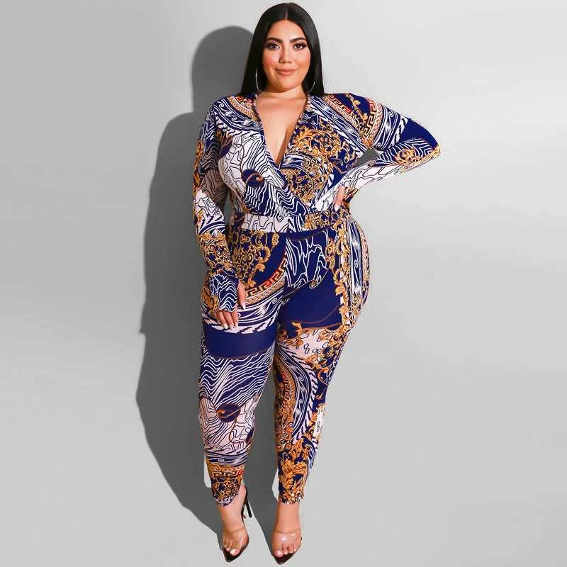 

plus size sexy spring clothing fashion print long sleeves v neck women slim Jumpsuits