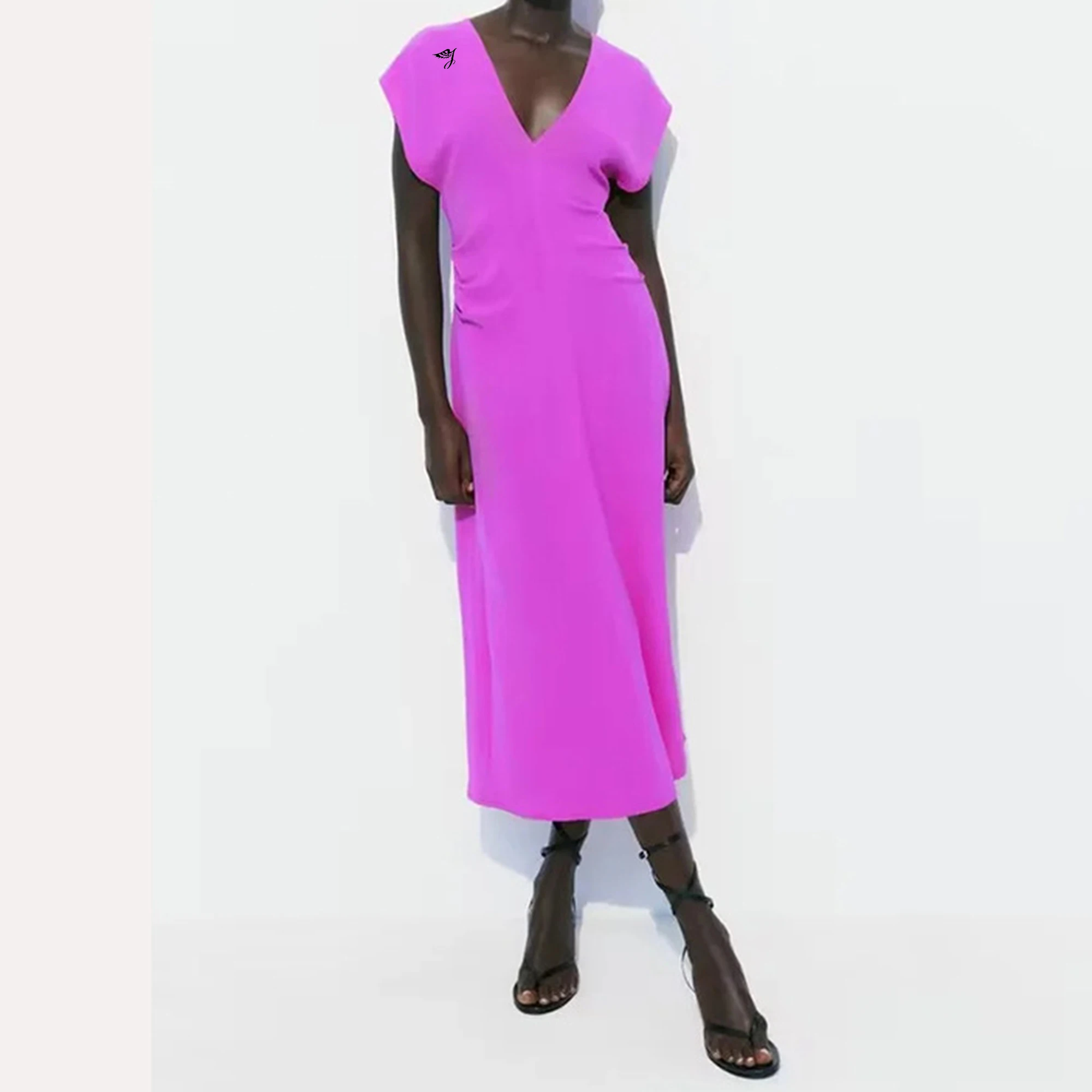 OEM/ODM Women Summer Fashion Waist Pleats Deep V-Neck Dress Vintage Cap Sleeve Female Dresses Robe Mujer Midi Dress
