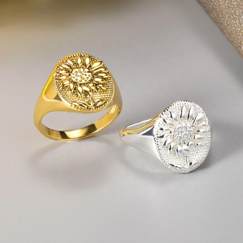 

Jewelry Wholesale Retro Bling Carving Sunflowers Brass Geometry Pattern Round Chunky Finger Rings For Women