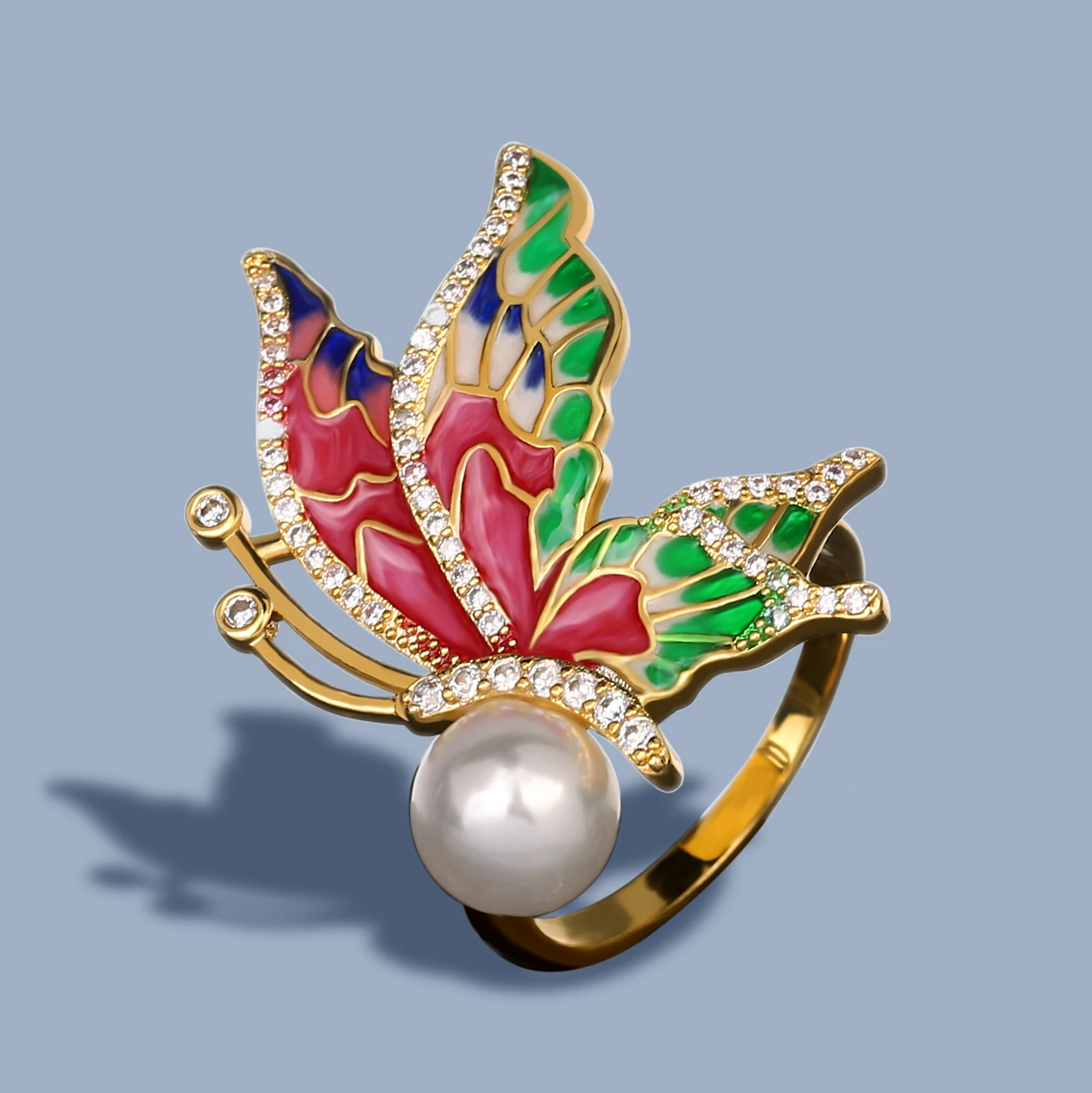 

New Hot Sale Butterfly Ring KYRA01327 Color Epoxy Butterfly Rings Inlaid Pearl Rings Exquisite Handmade Enamel Jewelry, Gold