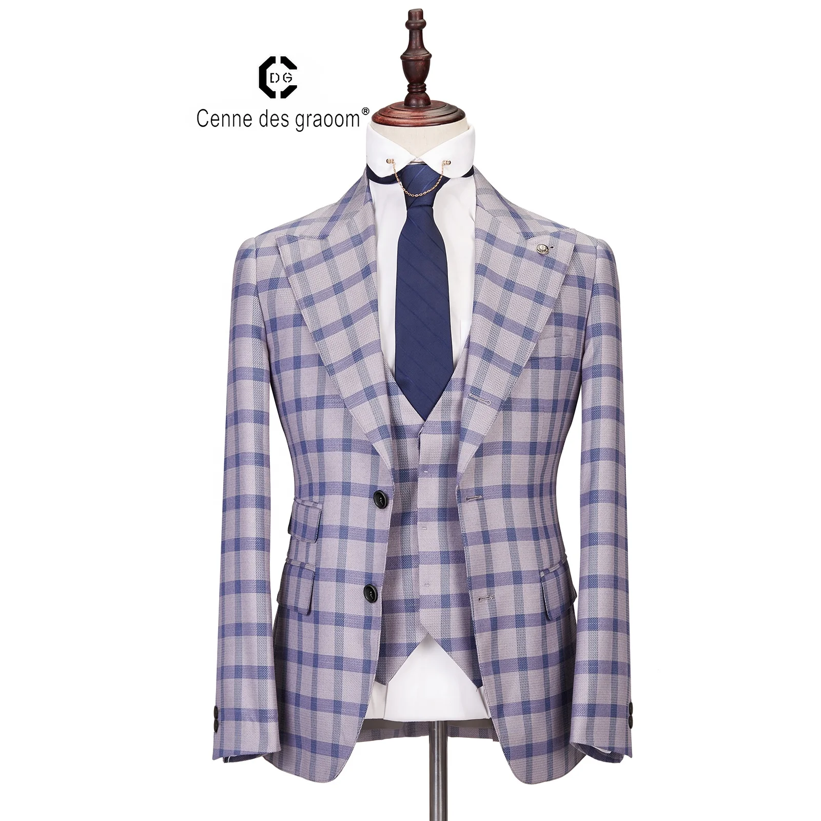 

Wholesale Newest custom wool formal wear men plaid stripes men's suits set, Blue