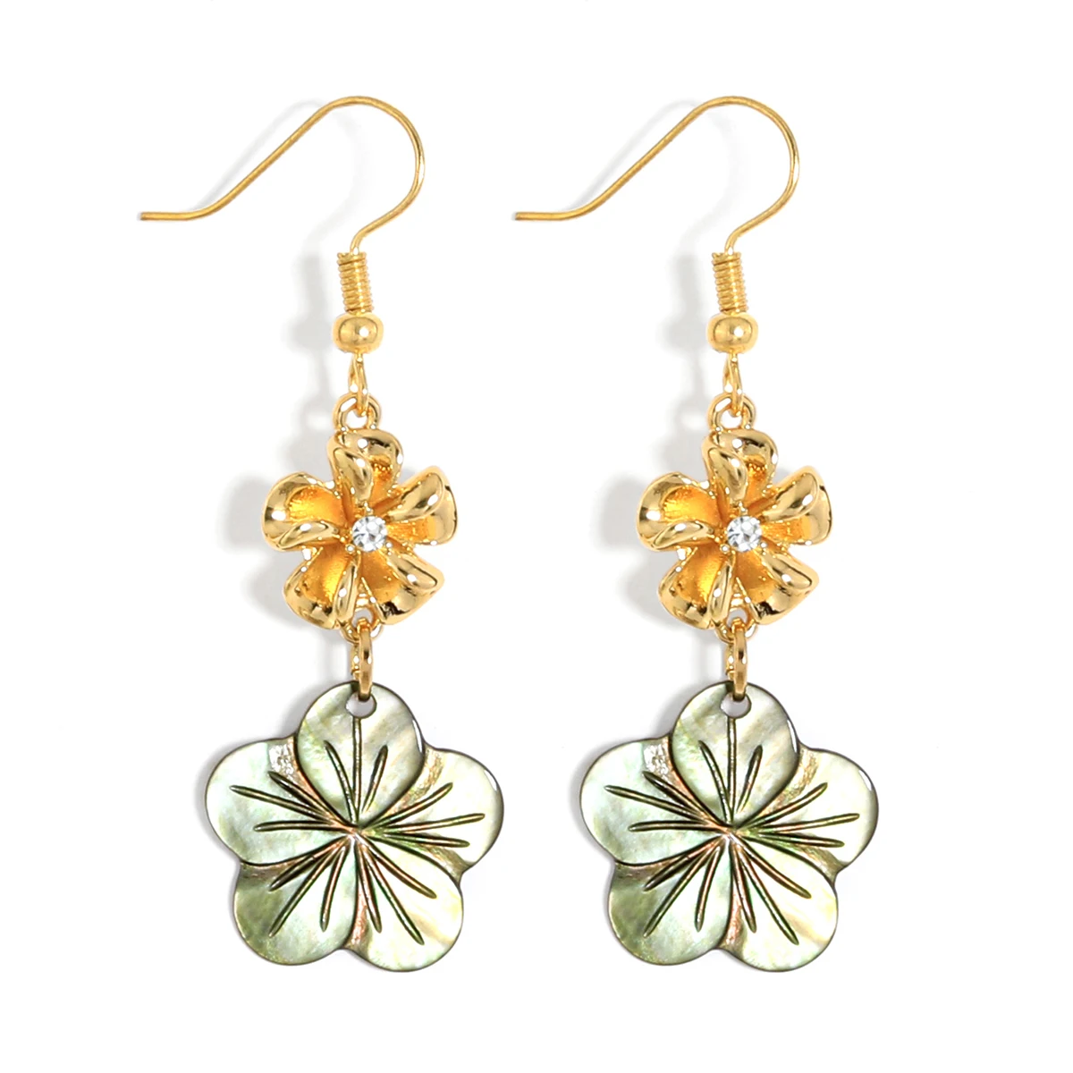 

Luxury 18k gold plating hawaiian island zinc alloy light weight double flower earrings for girls