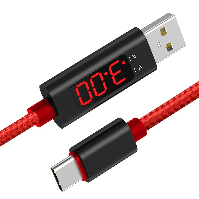 

3A Lcd Display Nylon Braided Usb Cable Fast Charging Type C Cable 3.0, Black/red