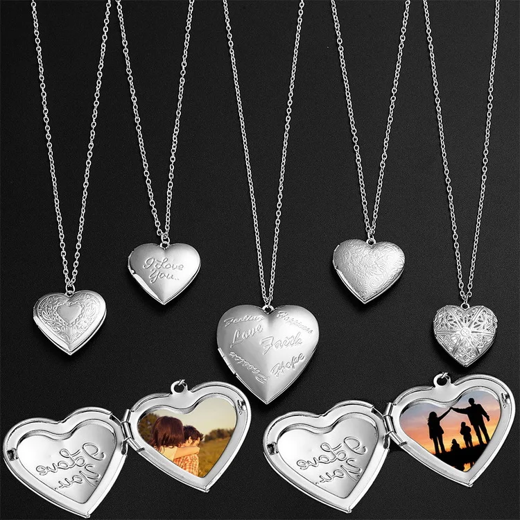 

Carved Heart Open Photo Frame Locket Pendant Necklace Valentine's Day Gift Jewelry Metal Alloy Couple Necklaces