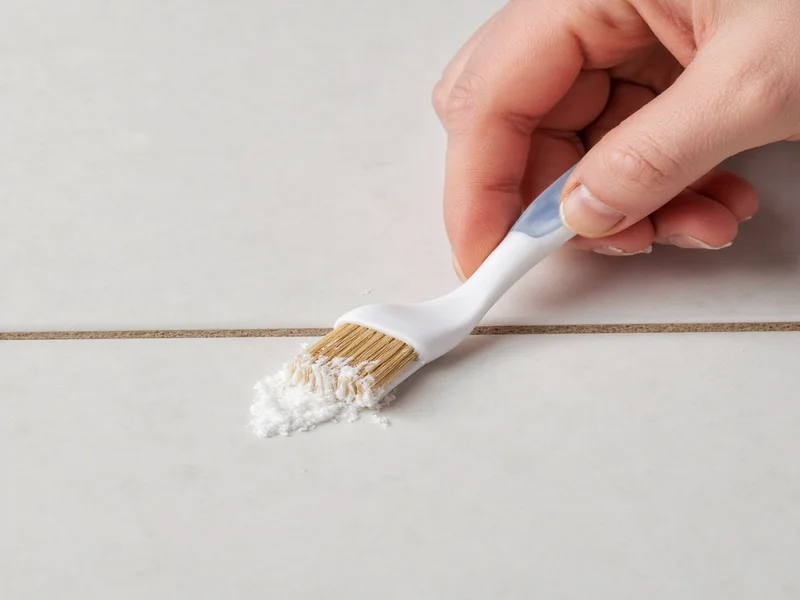 Hand applying baking soda paste to tile grout with toothbrush
