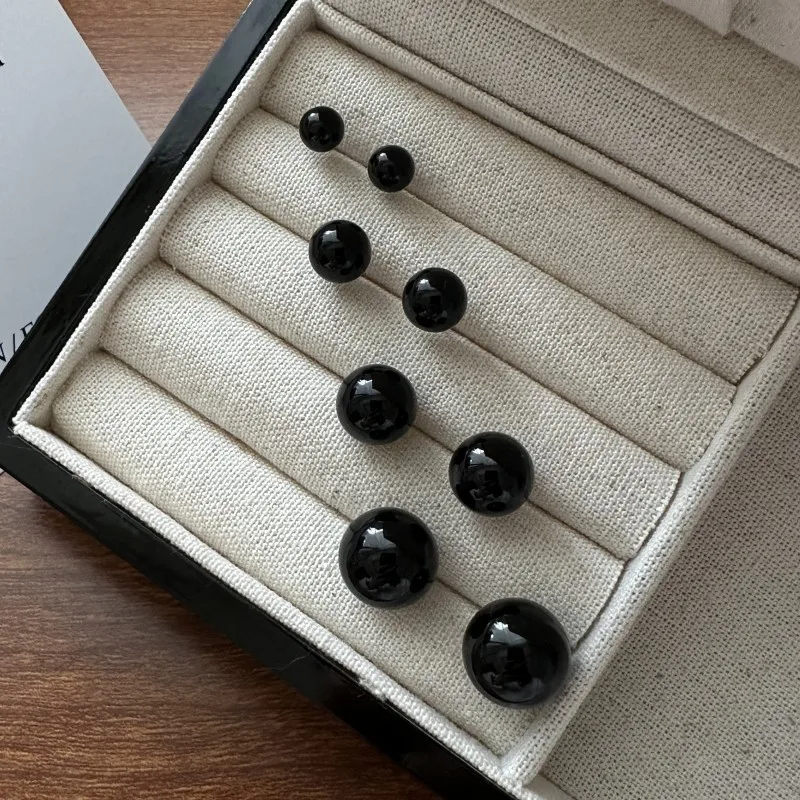 6MM 8MM 10MM 12MM Simple Round Ball Natural Black Agate Stone 925 Sterling Silver Stud Earrings for Ladies