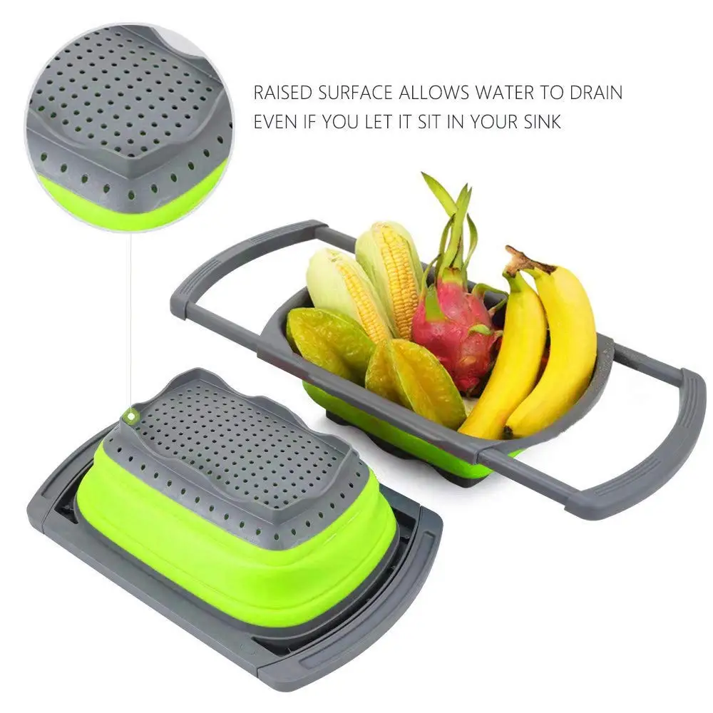 
Hot Selling Foldable Sink Kitchen Rectangle Strainer Collapsible Vegetable Fruit Silicone Collander Strainer 