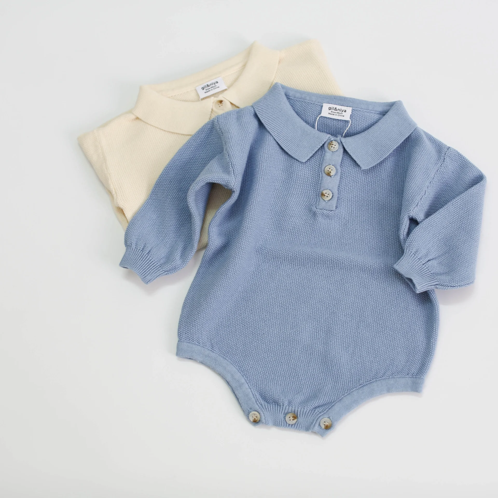 

307306 baby boys rompers blue beige solid jumpsuit peter pan collar autumn winter children kids clothing wholesale