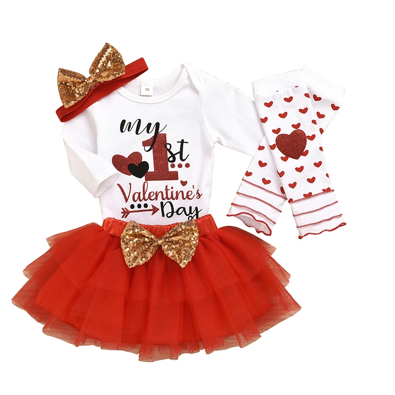 

Fall 1st Birthday Baby Girls Valentine's Day Romper And Skirt Outfit, Picture shows