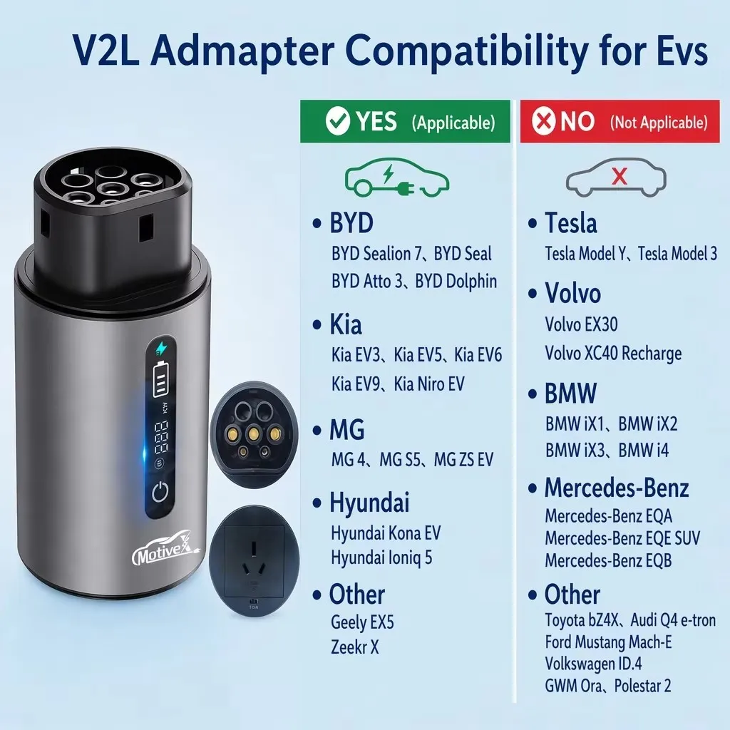 V2L adapter compatibility chart showing listed applicable and not-applicable EV model families