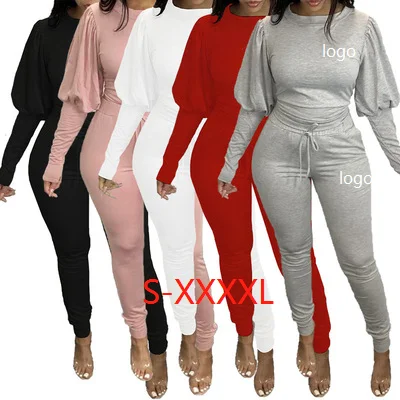 

LLDRESS Spring Autumn Sexy Leisure Casual Women 2 Piece Set Bubble Sleeves Sweatshirts And Pants Trousers Fall, Picture color