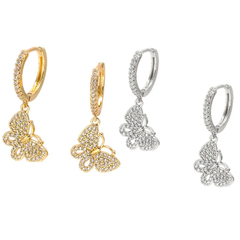 

Fashion Butterfly Hoop Earrings Gold Plated Dangle Earrings for Women Cubic Zirconia Paved Cute Butterfly Drop Earring Charming, Silver, gold