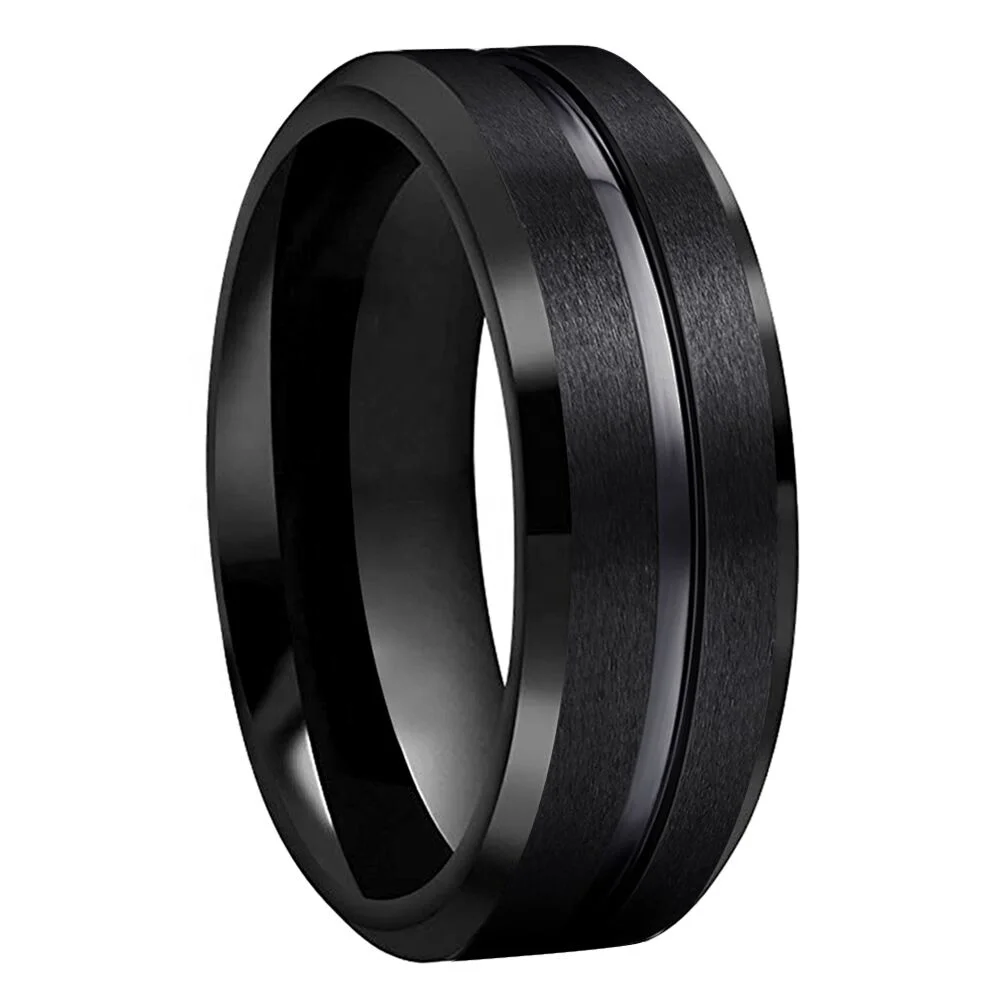 

8mm Black Tungsten Carbide Ring for Men Women Wedding Band Matte Finish Beveled Edges Grooved Center Comfort Fit