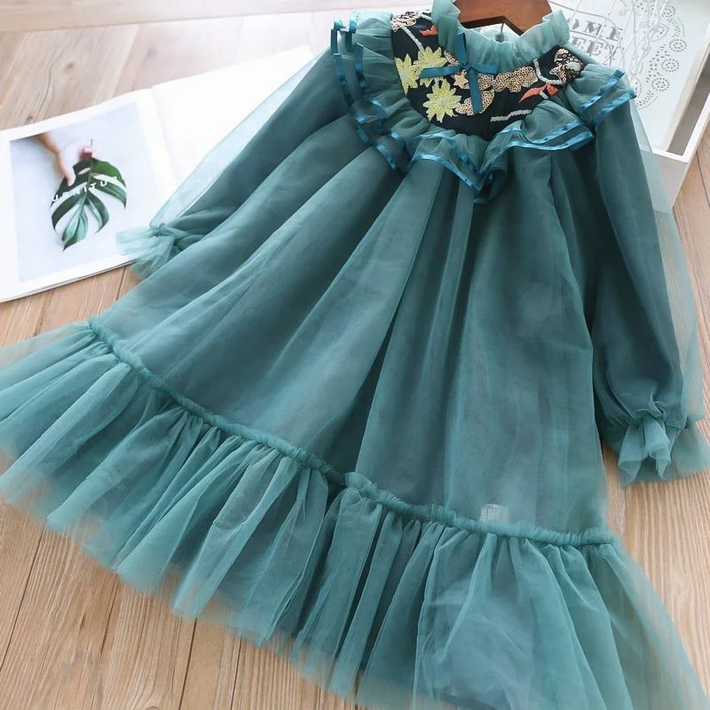 

tulle girl dress ruffles embroidery green pink baby girl dresses fashion boutiques kids clothes children's clothing wholesale