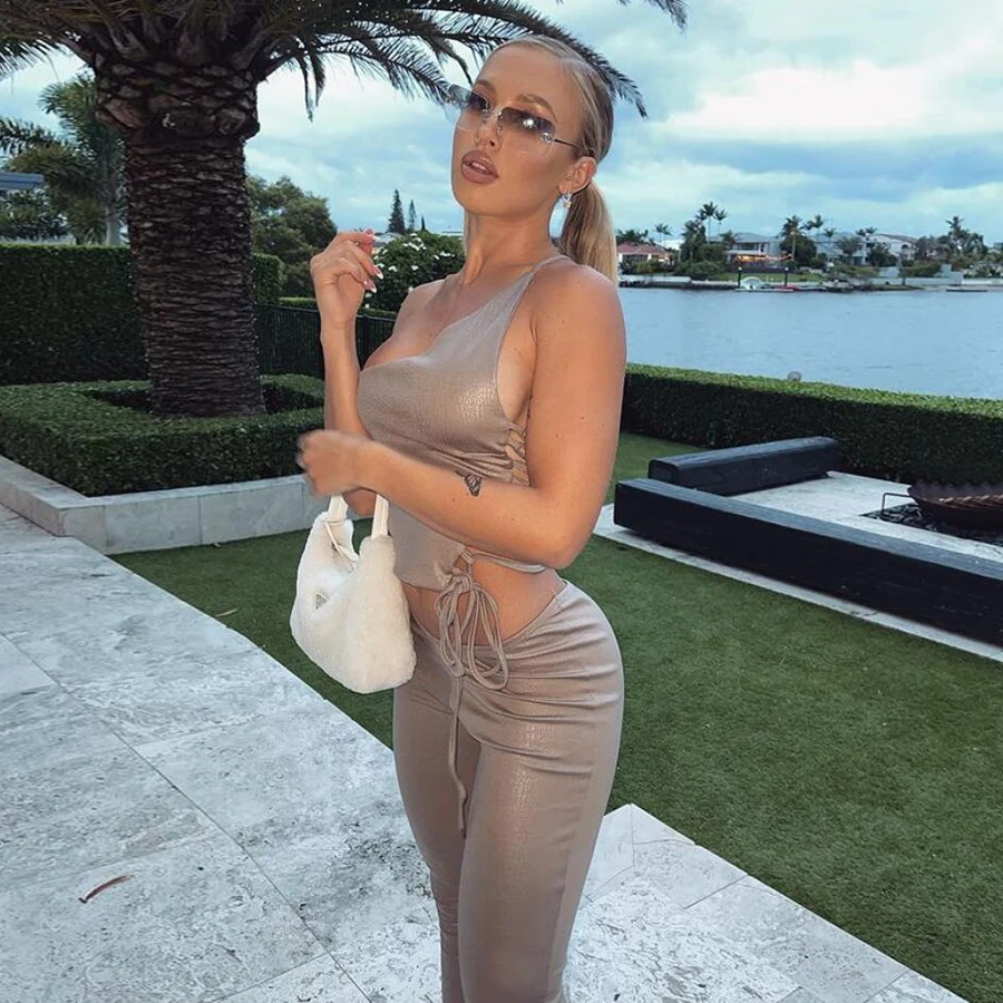 

K20S10552 backless short top pants high quality leather y2k outfit 2021sexy solid 2 piece set women clothing
