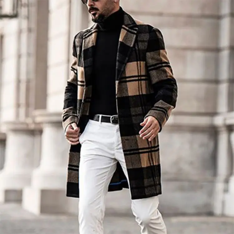 

Winter Workout European Mont Erkek Crop Slim Mid Brown Fleece Jacket Plaid Trench Long Coats For Men Coats And Jackets, Picture