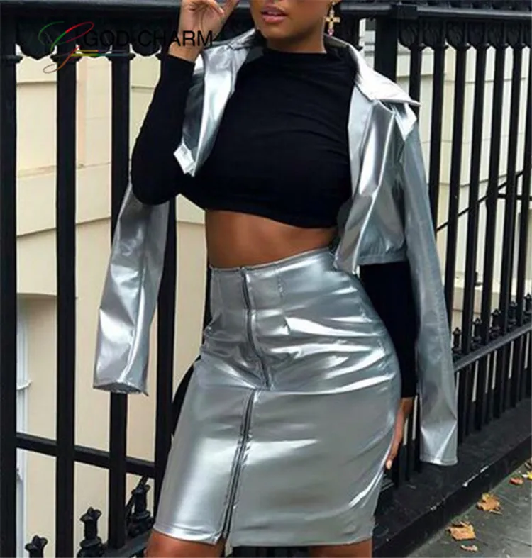 

GC-668704109 Wholesale Sexy Side Split PU Leather Bodycon Skirt V-Neck Leather Backless Tank Skirts Two Piece Set, Black,red,white