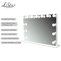 

Free Sample Glossy Aluminum frame led salon mirror frameless hollywood makeup mirror with big bulb dual USB outlet wood base