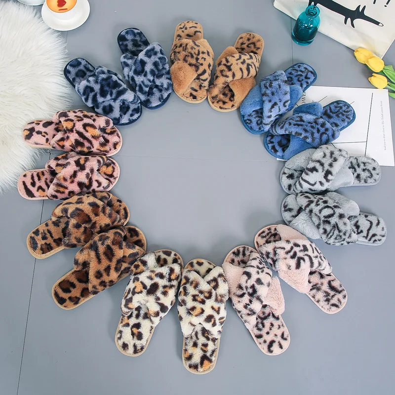 

New leopard print cross wool slippers shoes women home indoor wood floor fashion plush cotton slippers