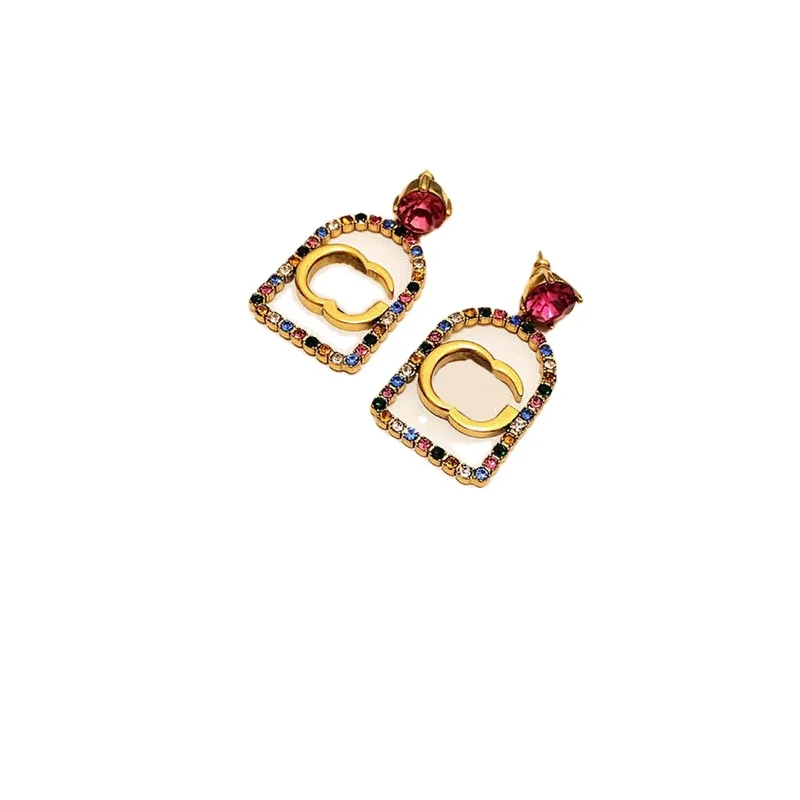 

INS Luxury Colorful Rhinestone Square Card Pendant Necklace Vintage Women Letter Earrings