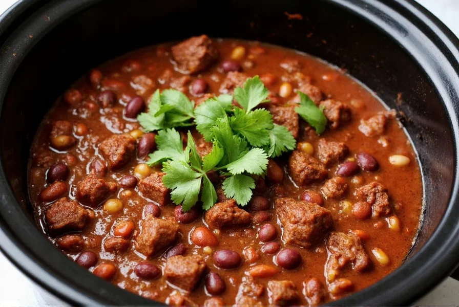 Slow cooker filled with rich, dark venison chili showing tender meat chunks and beans, garnished with fresh cilantro